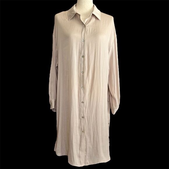 Rachel Zoe Beige Midi Shirt Dress Womens L Old Money Minimalist Capsule Polished - Picture 1 of 14